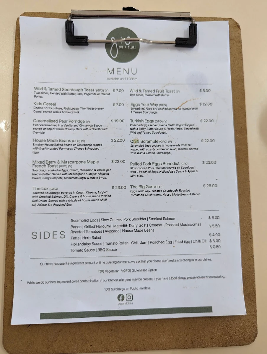 Menu, Gus & Ollies
