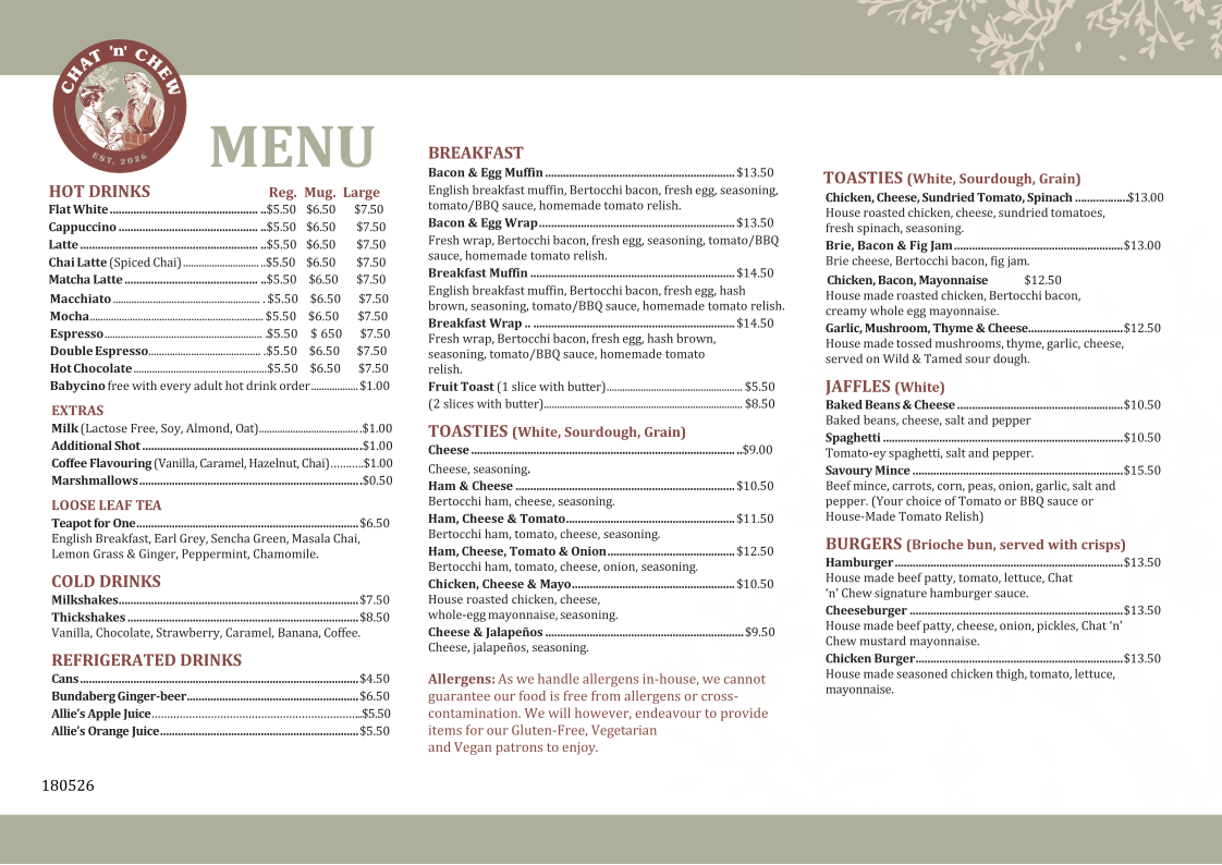 Menu, Chat 'n' Chew Bendigo