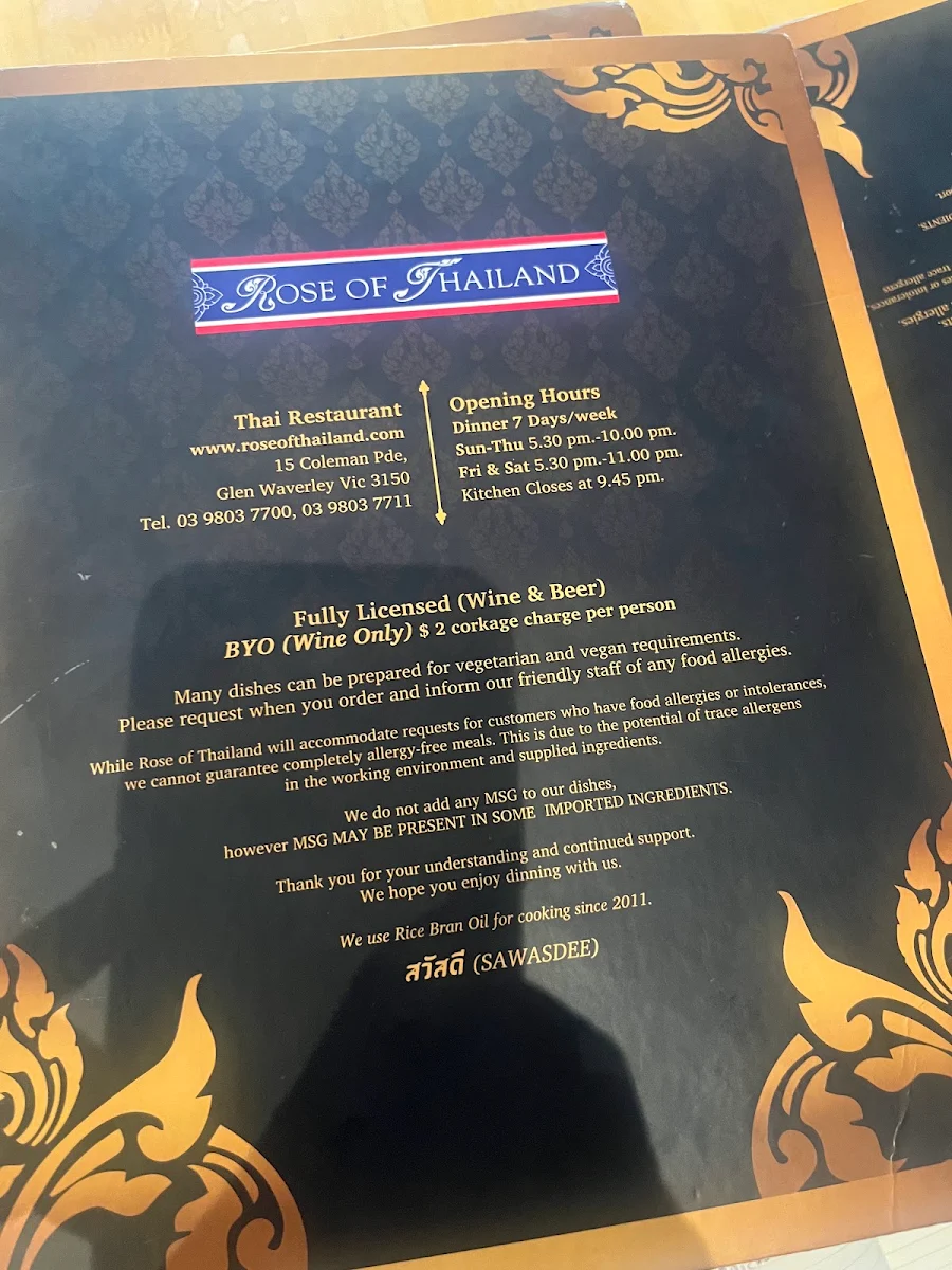 Menu, Rose of Thailand