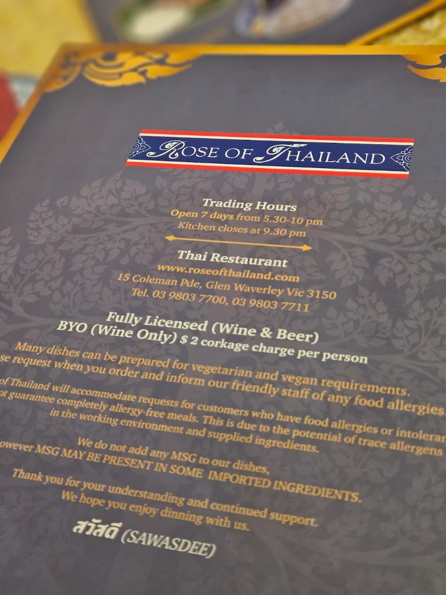 Menu, Rose of Thailand