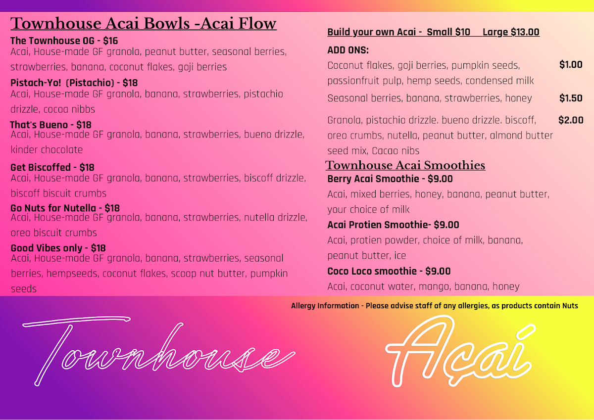 Menu, Townhouse Coffee Co and Cafe, Eaton
