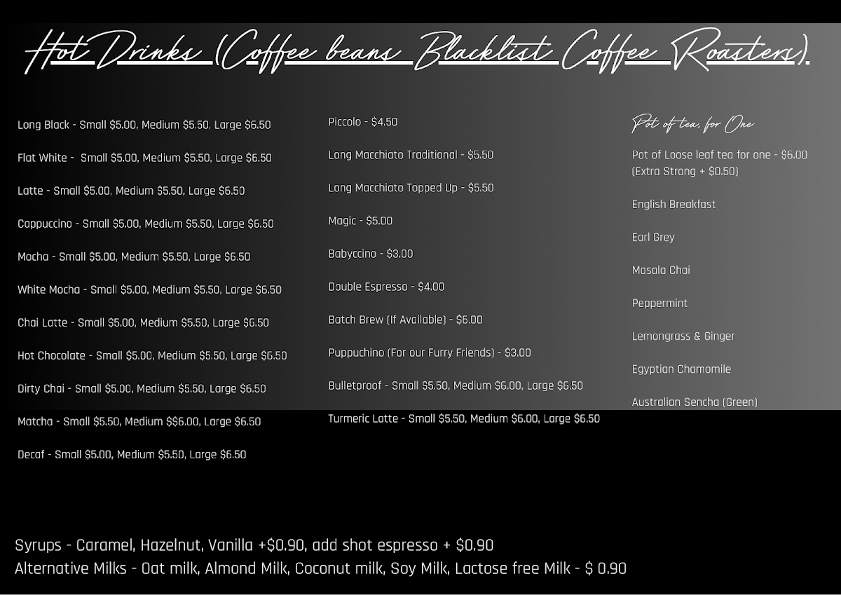 Menu, Townhouse Coffee Co and Cafe, Eaton