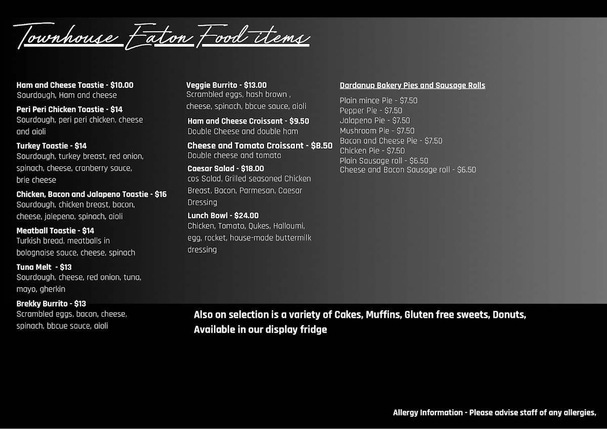 Menu, Townhouse Coffee Co and Cafe, Eaton