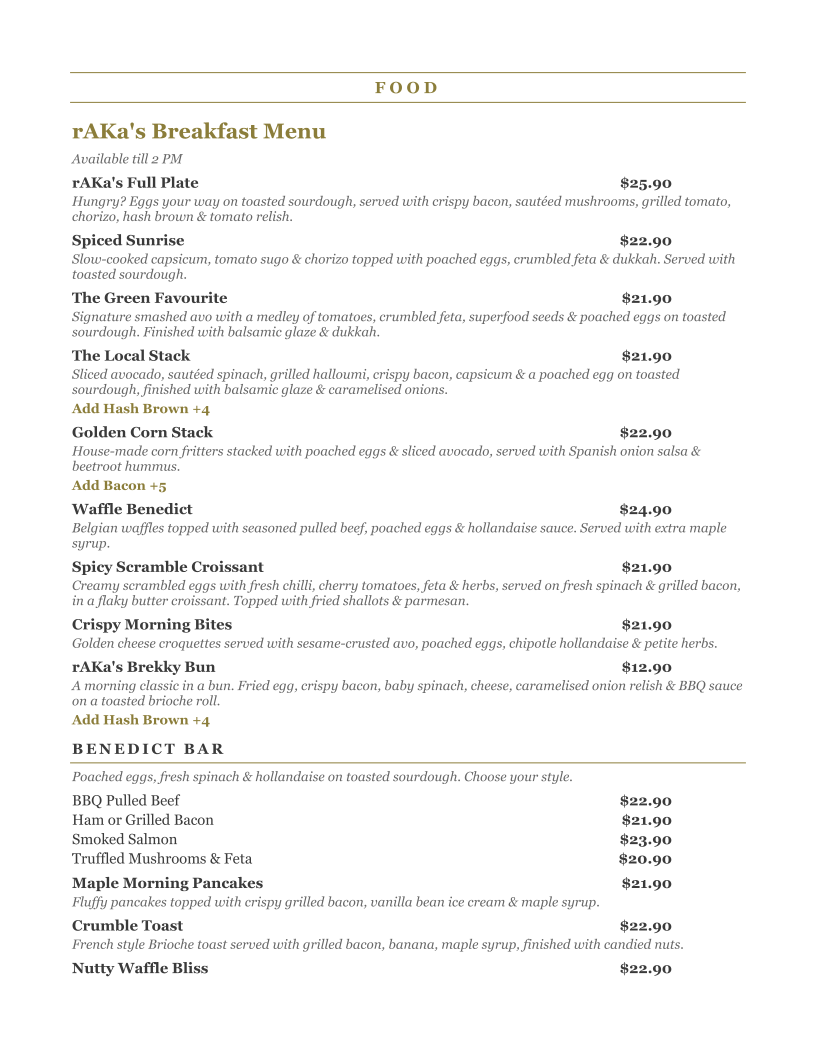 Menu, rAKa’s cafe