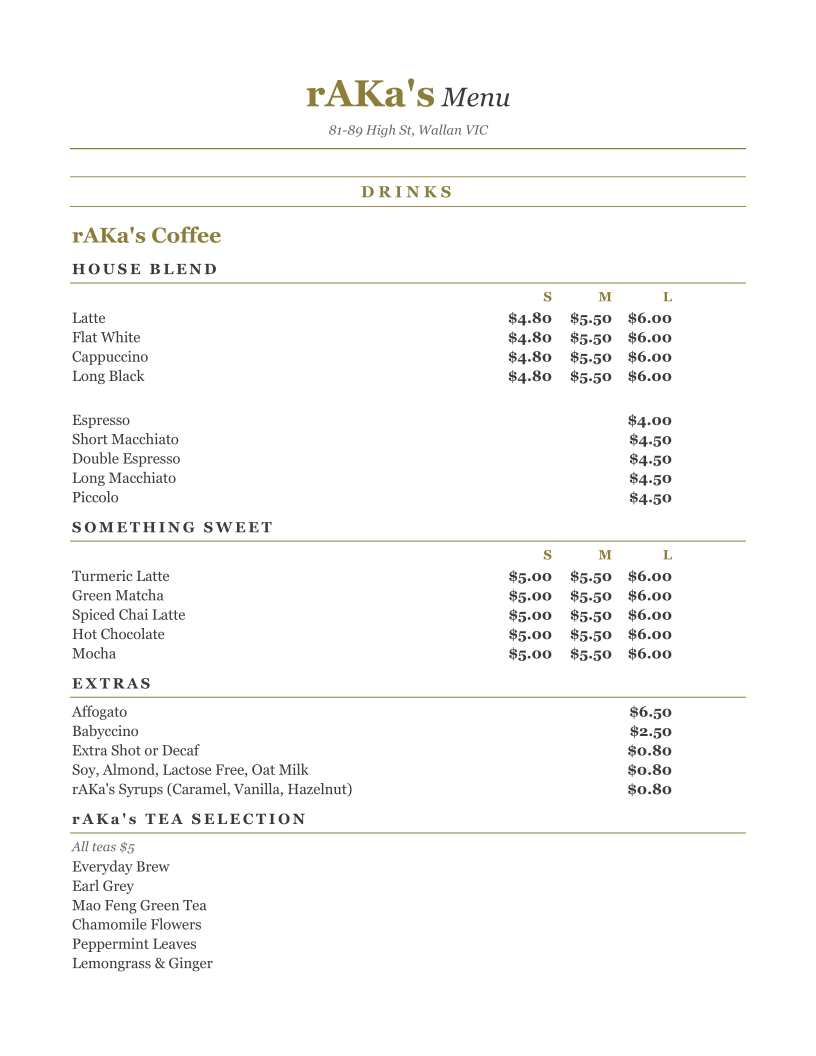 Menu, rAKa’s cafe