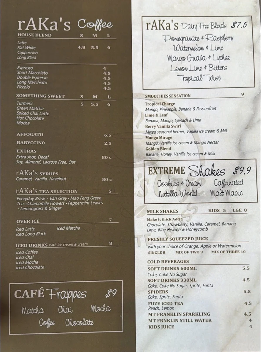 Menu, rAKa’s cafe