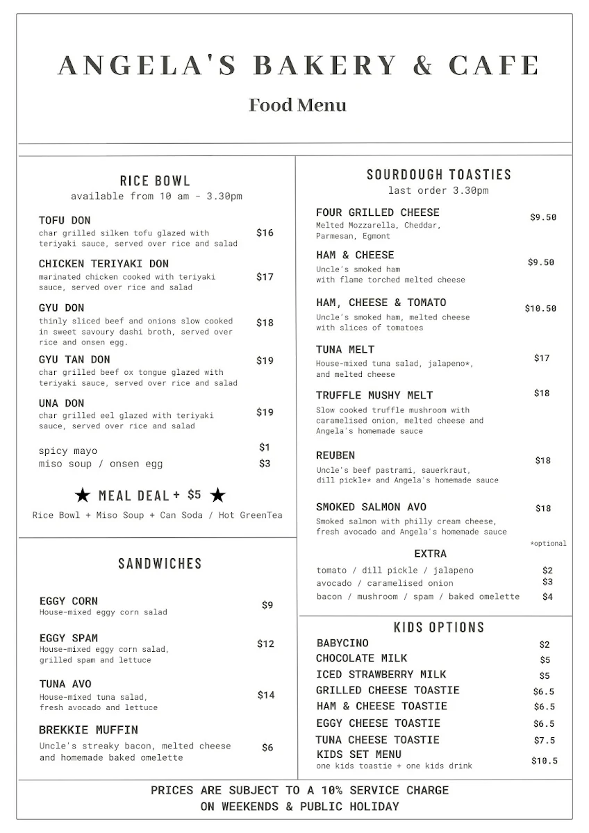 Menu, Angela’s Bakery