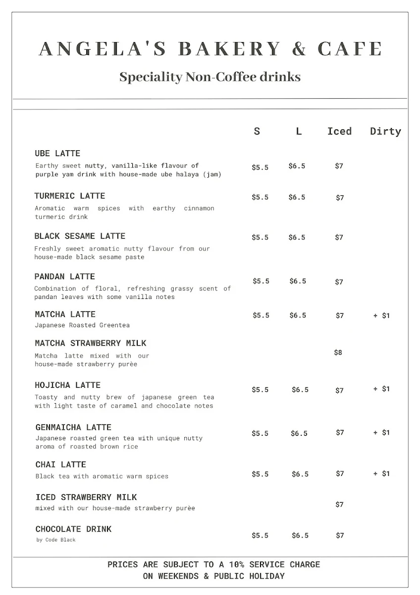 Menu, Angela’s Bakery