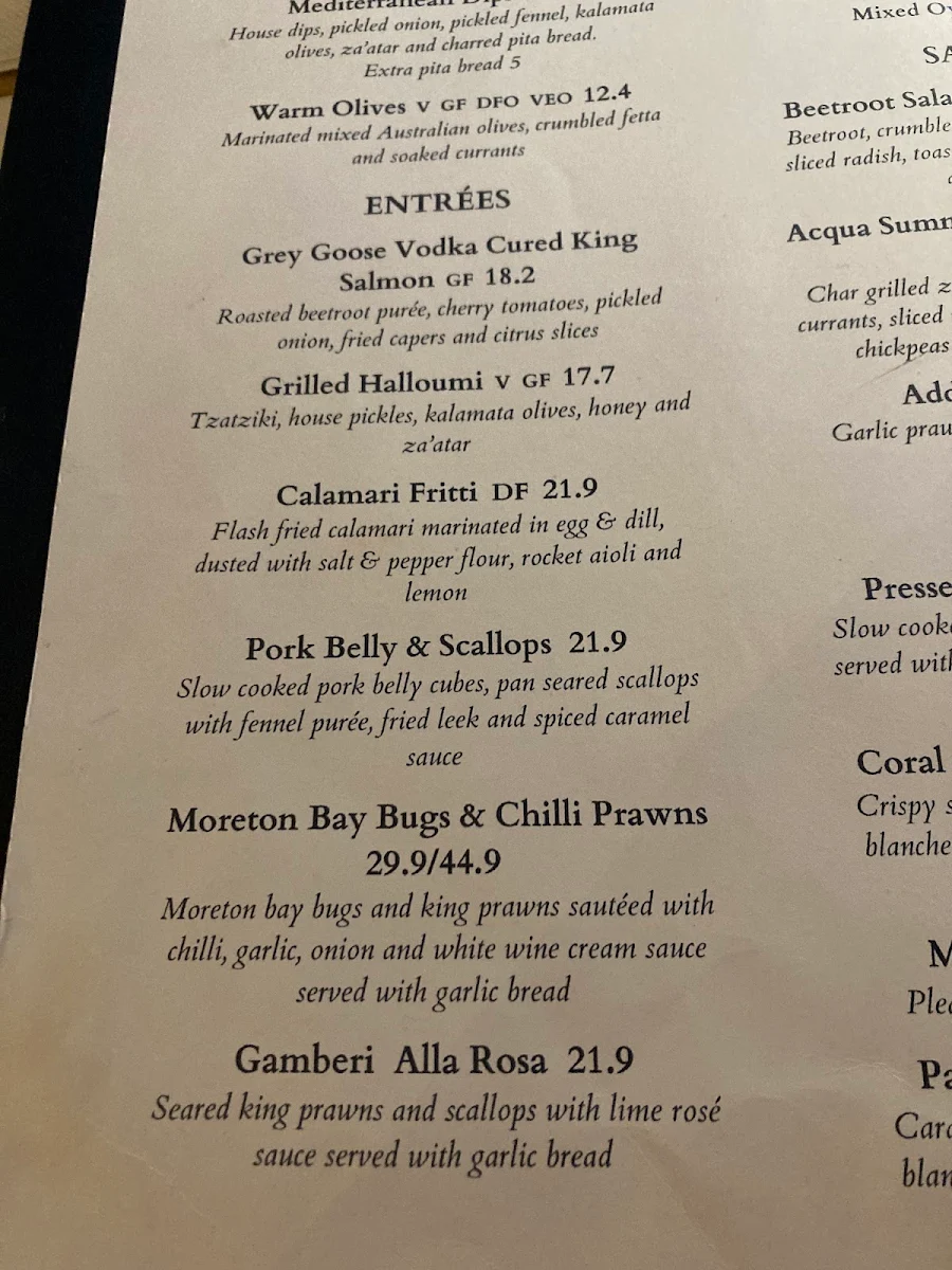 Menu, Acqua Restaurant & Bar