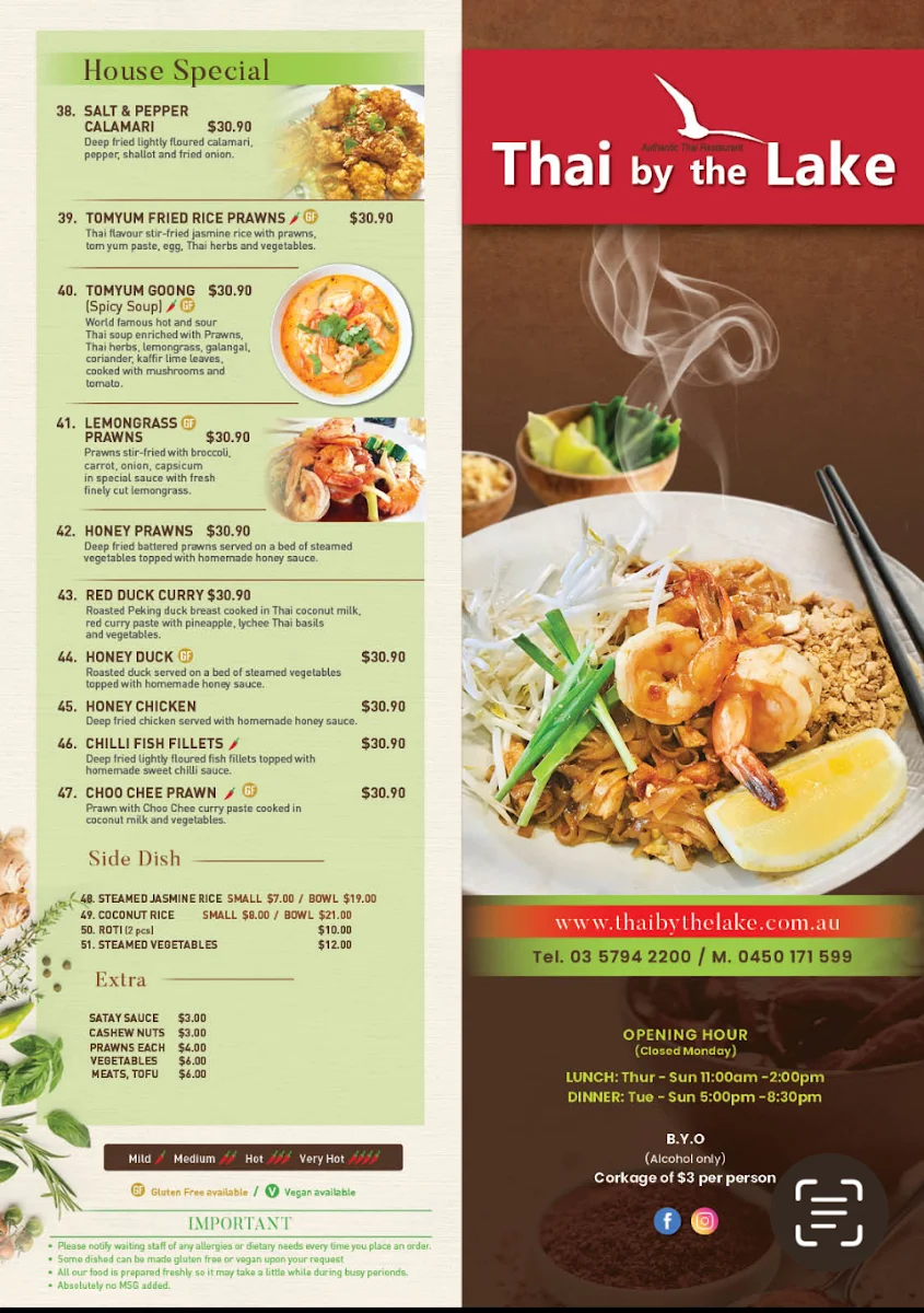 Menu, Thai by the Lake