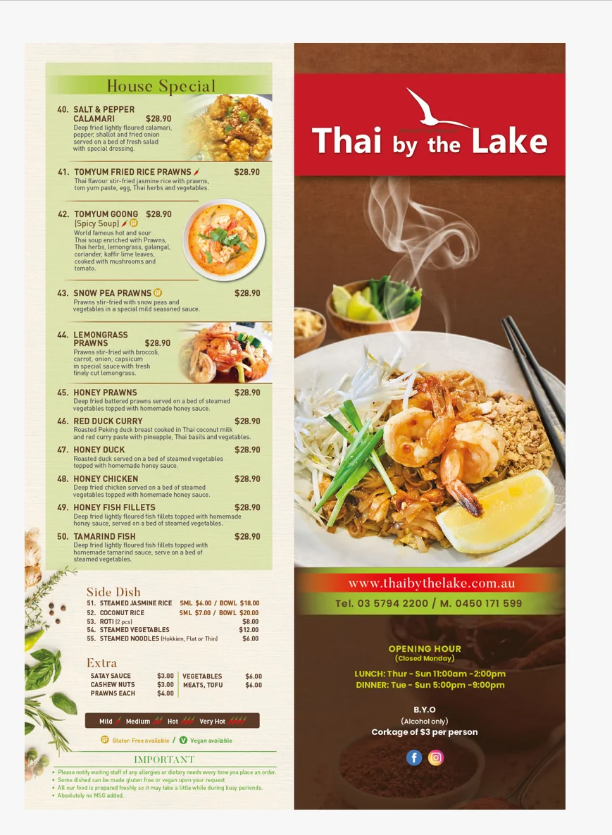 Menu, Thai by the Lake