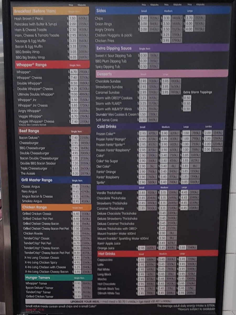 Menu, Hungry Jack's Burgers Townsville Domain