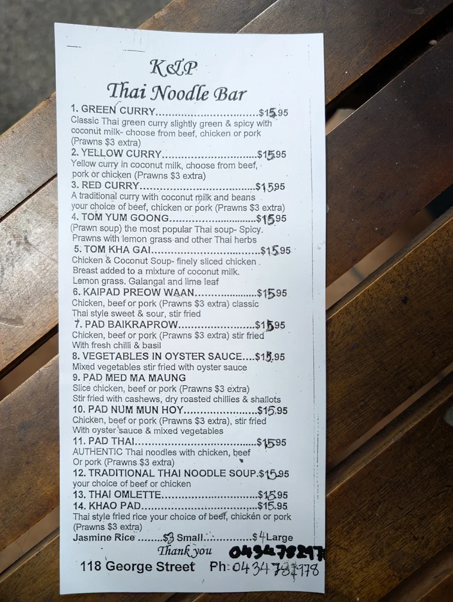Menu, Noot's Thai Food
