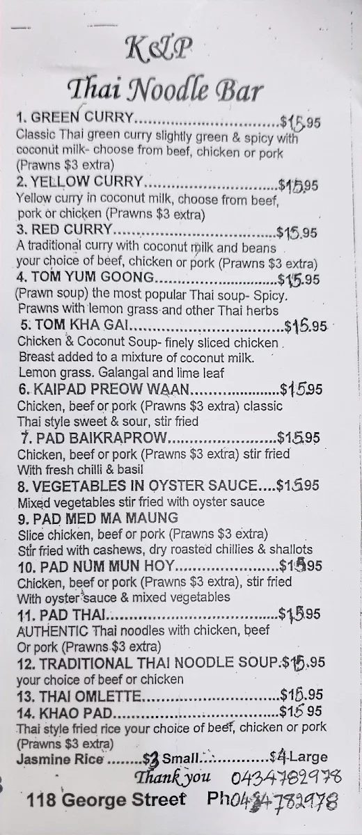Menu, Noot's Thai Food