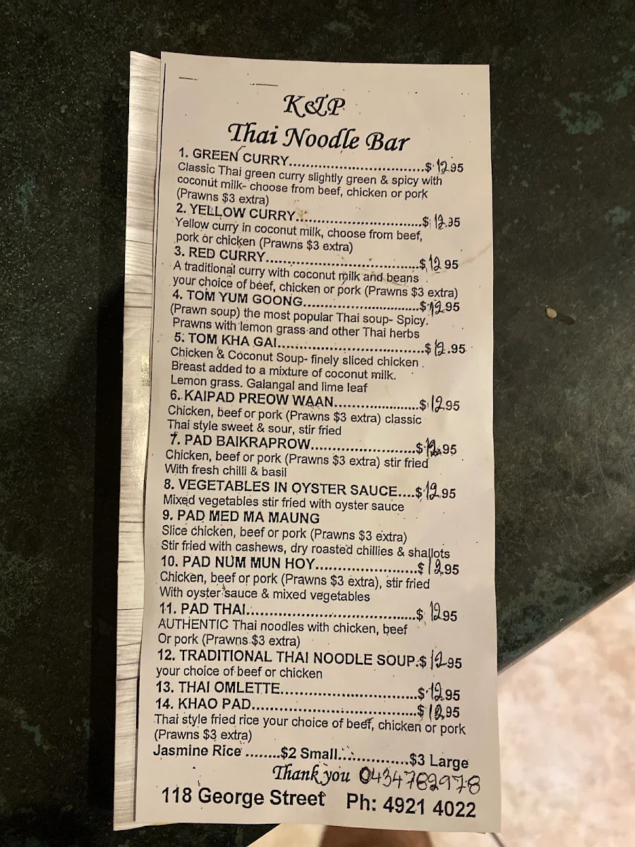 Menu, Noot's Thai Food
