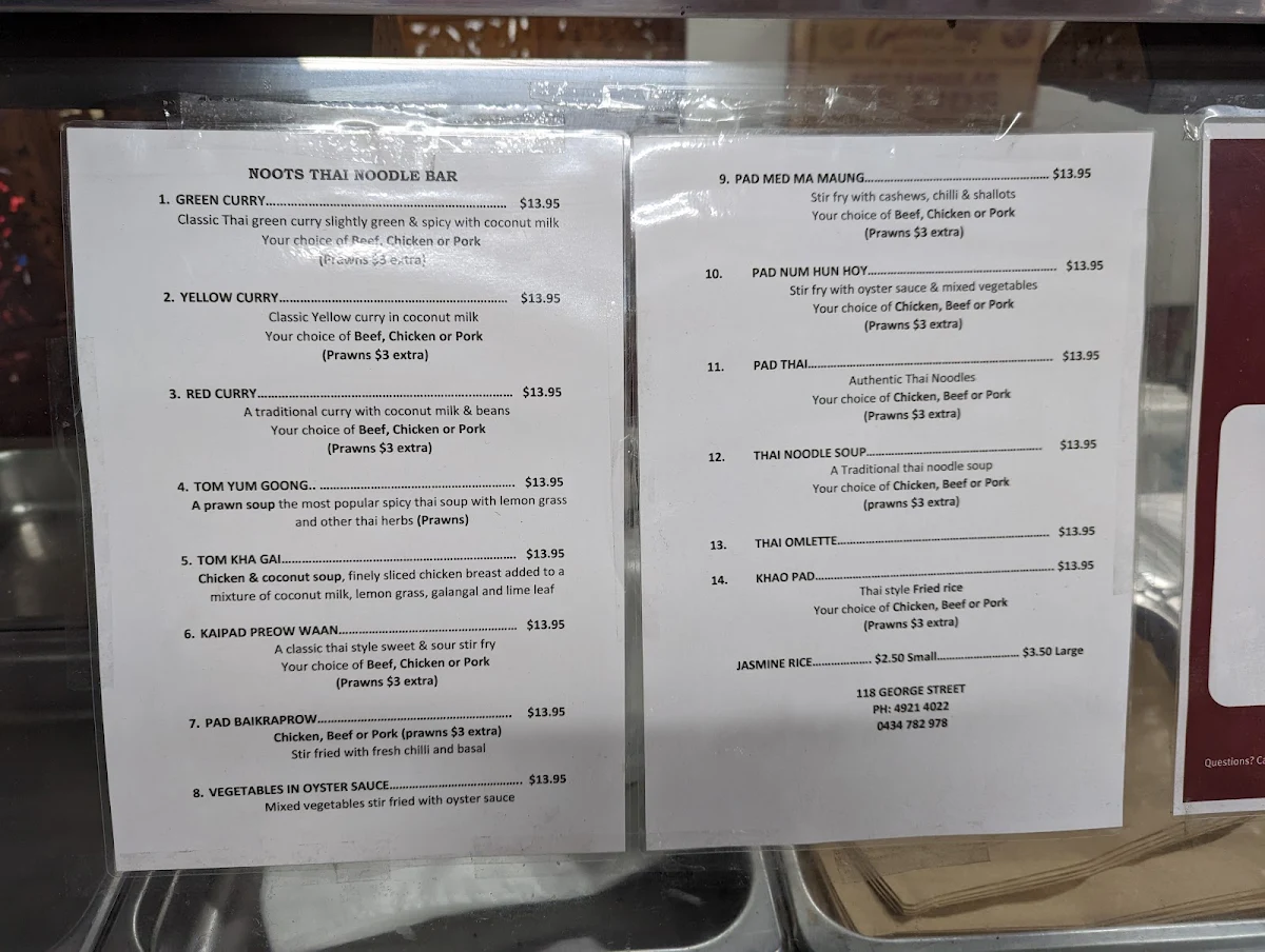Menu, Noot's Thai Food