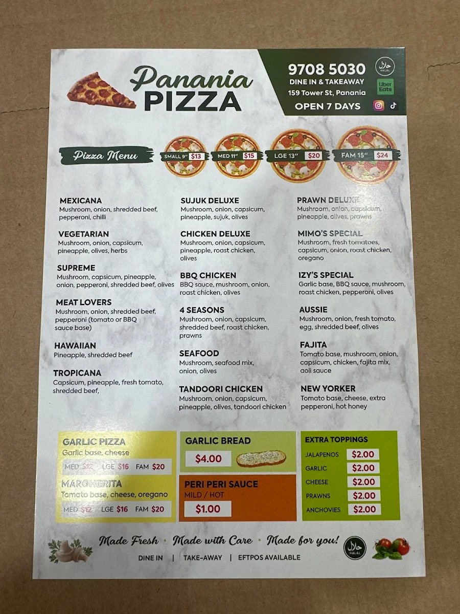 Menu, Panania Pizza