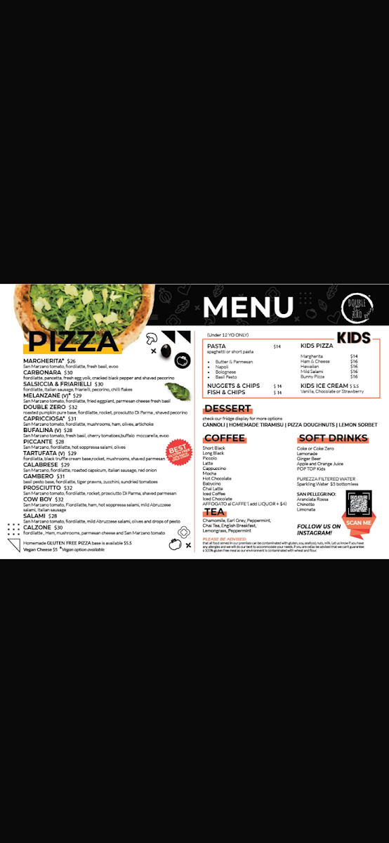 Menu, Double Zero Robina