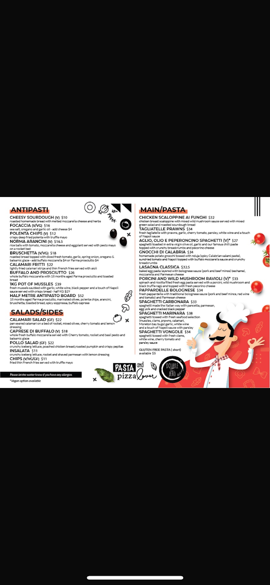 Menu, Double Zero Robina