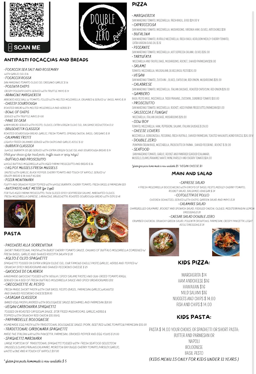 Menu, Double Zero Robina
