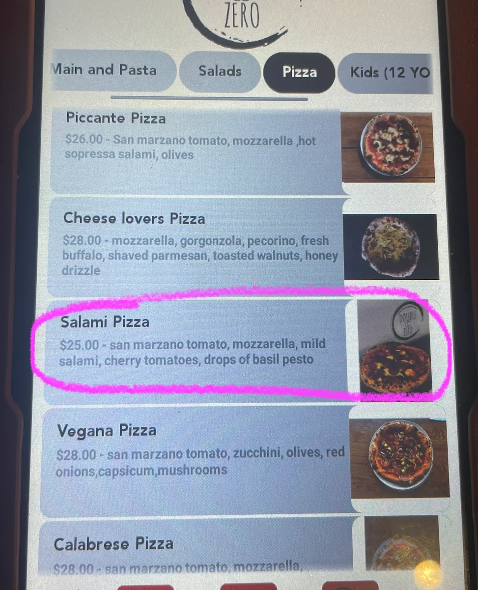 Menu, Double Zero Robina