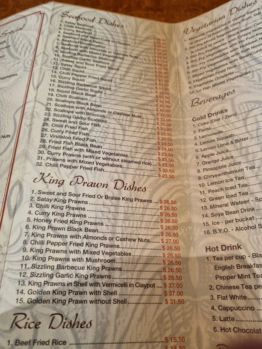Menu, Sunlight Chinese Restaurant