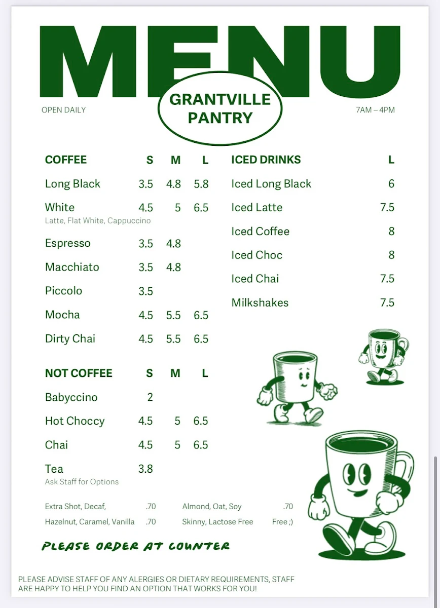 Menu, Grantville Pantry