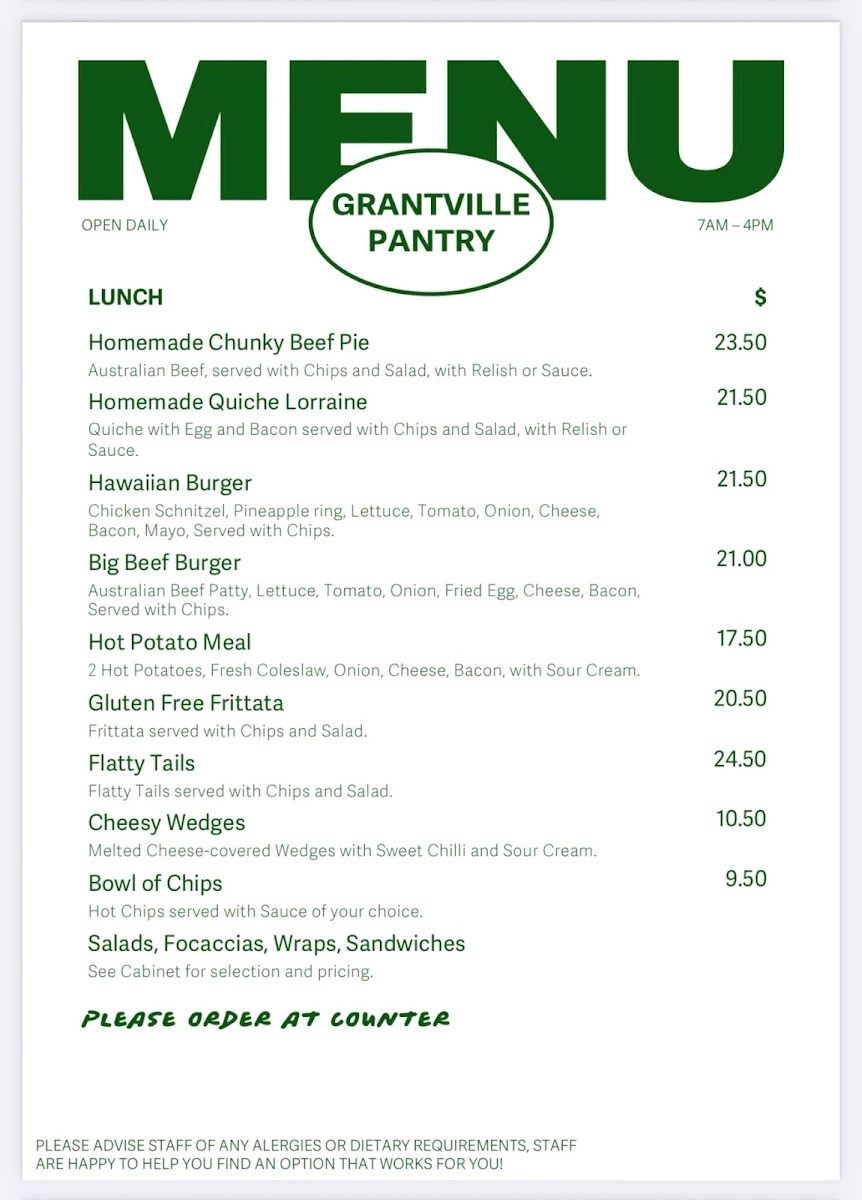 Menu, Grantville Pantry