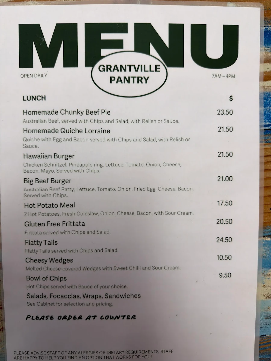 Menu, Grantville Pantry