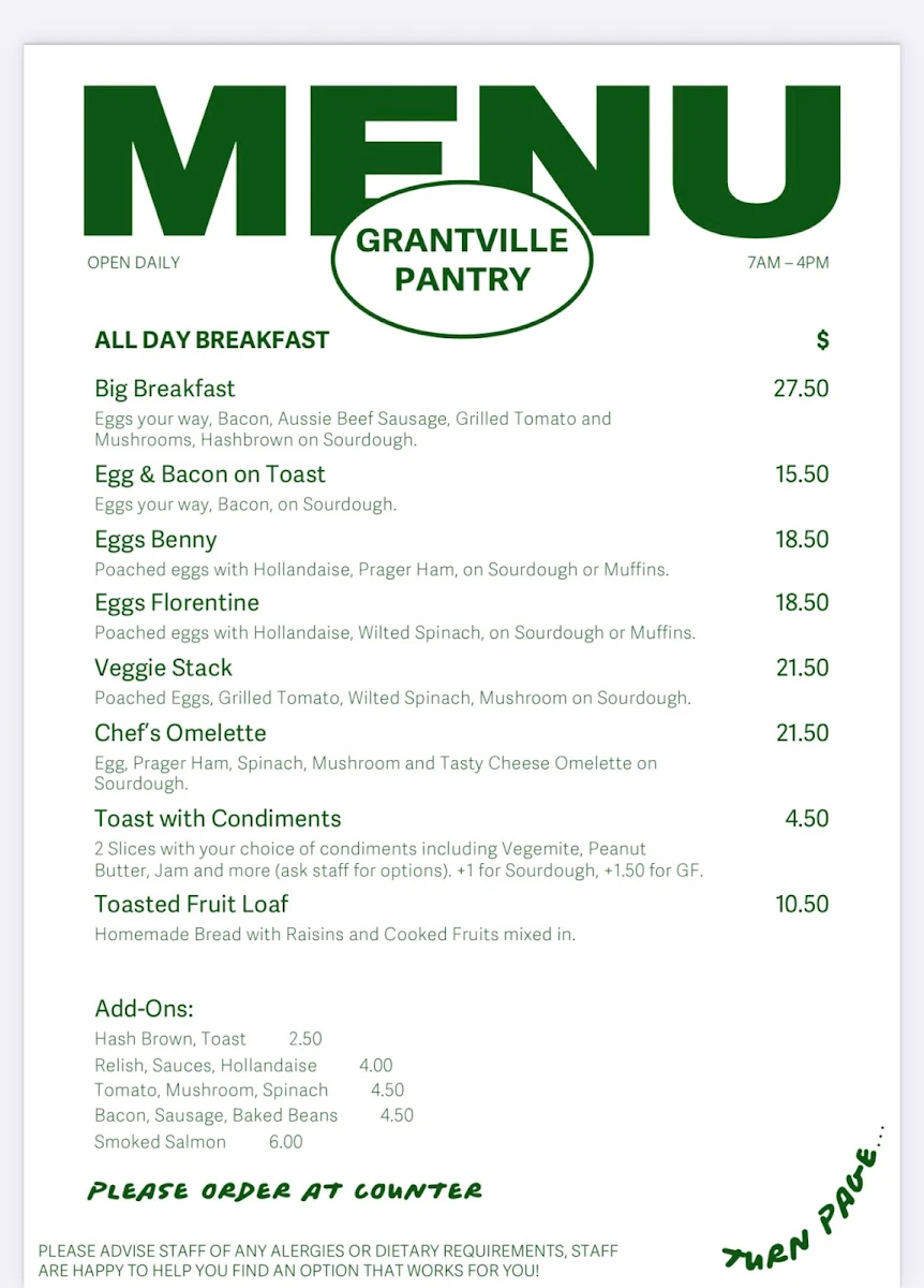 Menu, Grantville Pantry
