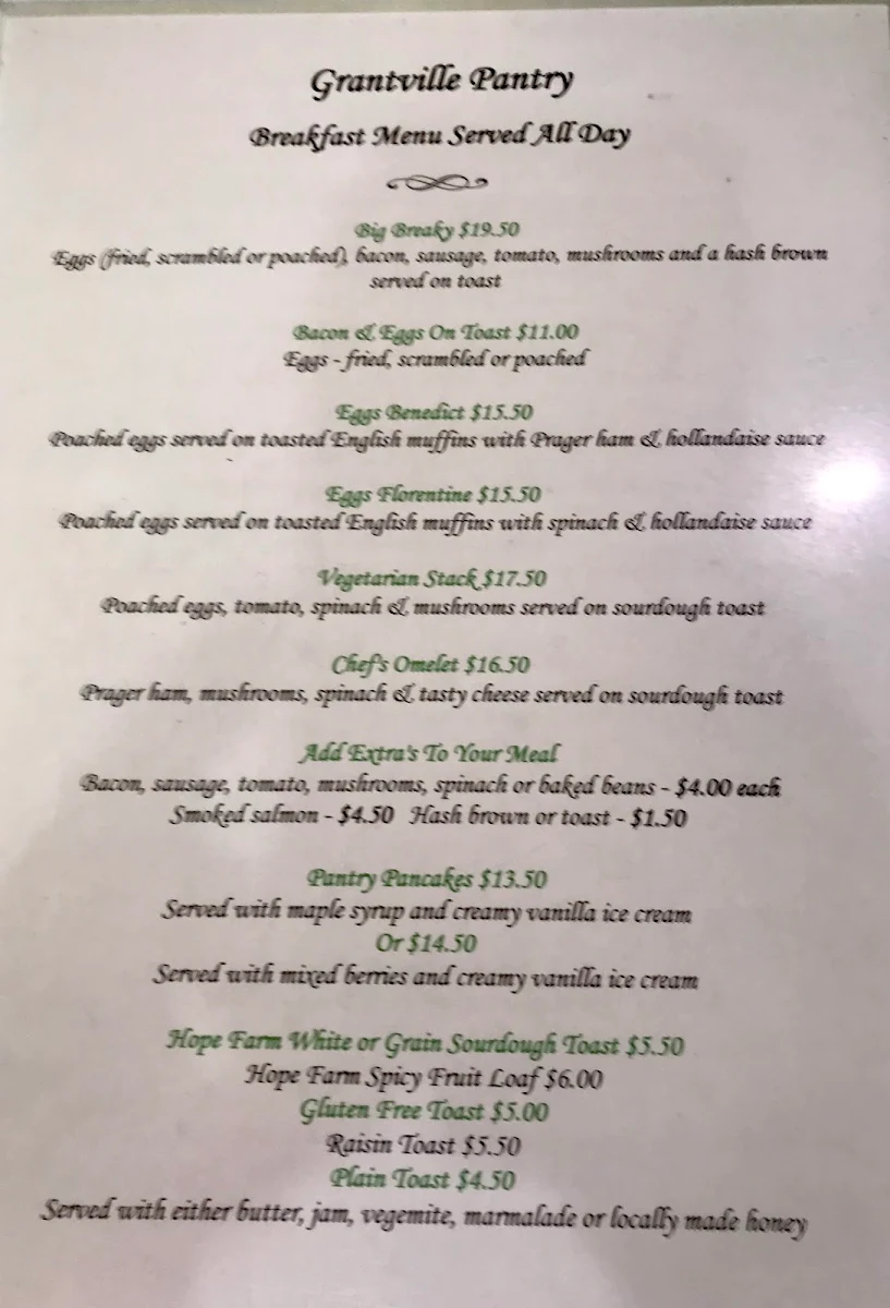 Menu, Grantville Pantry