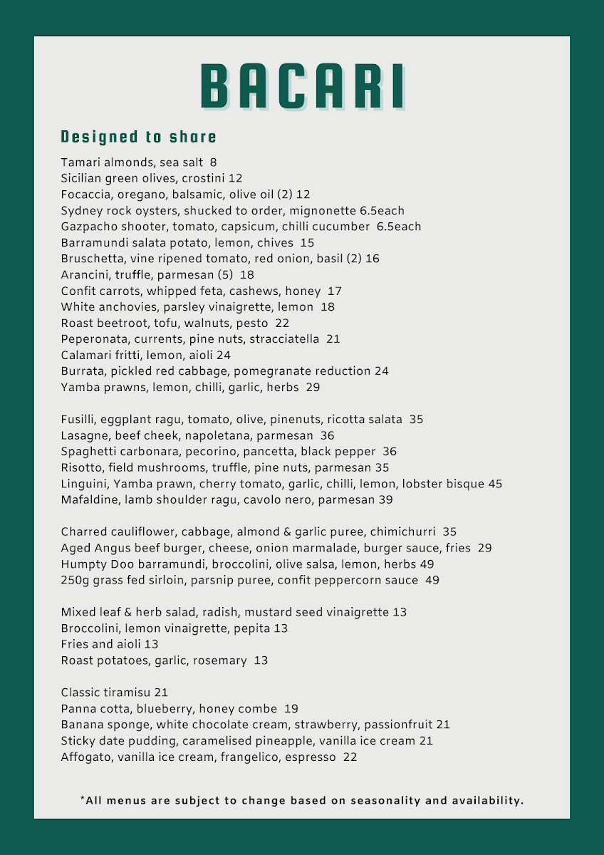 Menu, BACARI