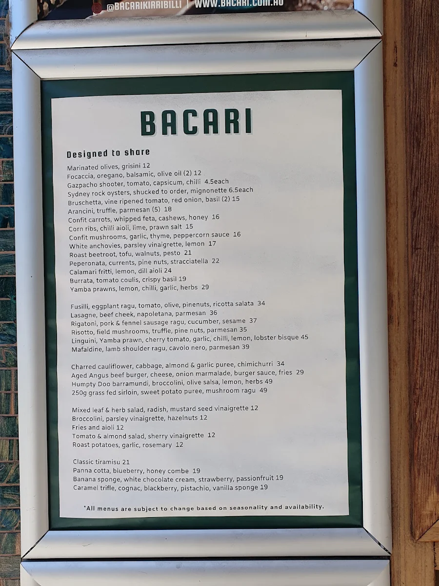 Menu, BACARI