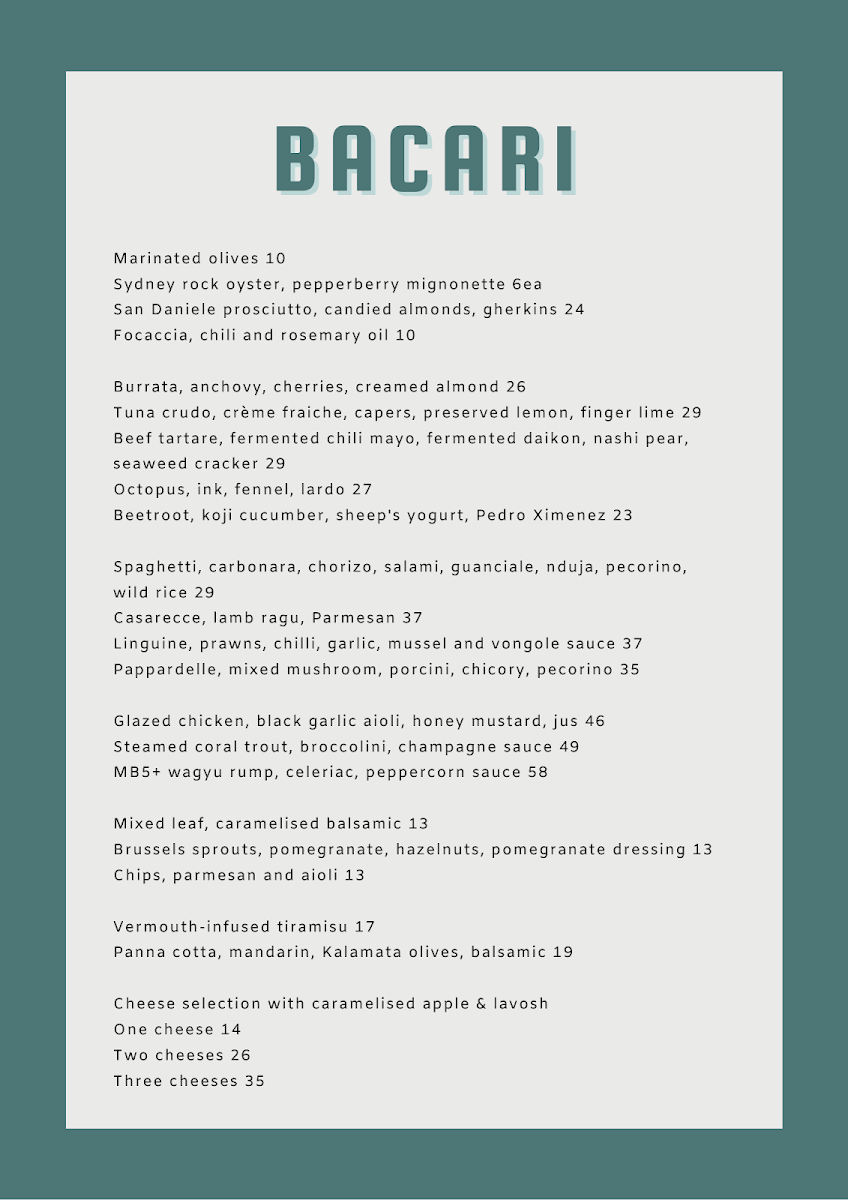 Menu, BACARI
