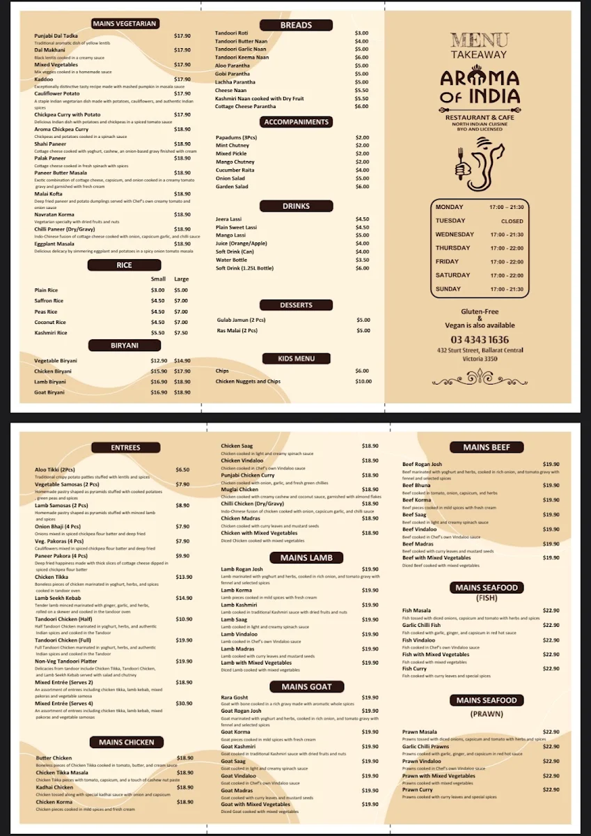 Menu, Aroma of India (Ballarat Central)