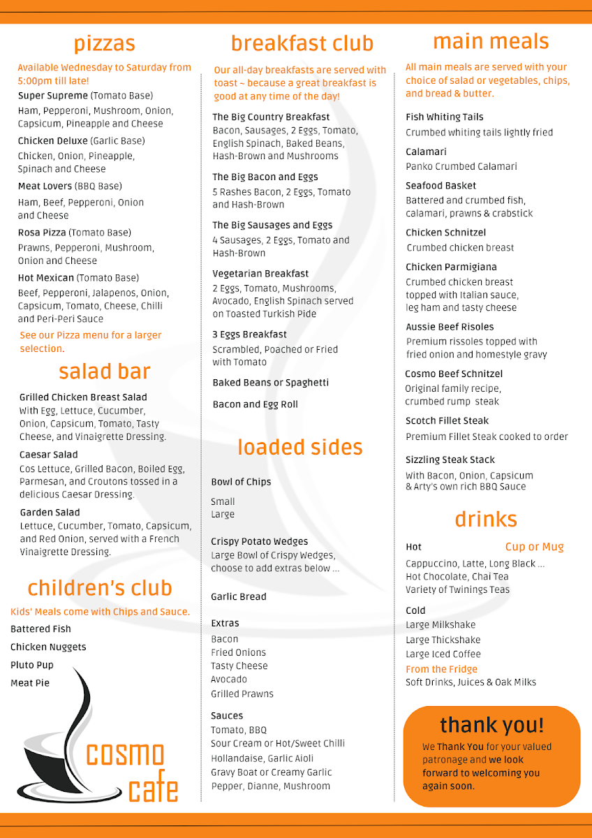 Menu, Cosmo Cafe