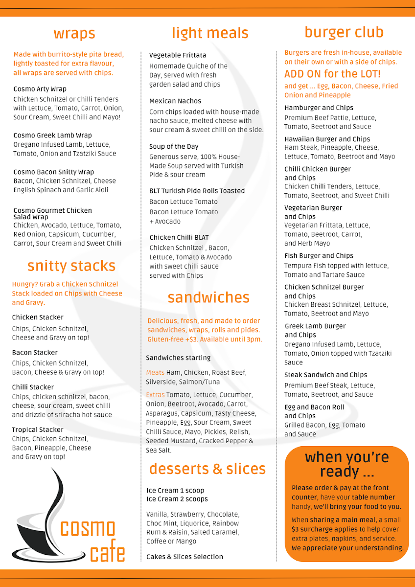 Menu, Cosmo Cafe