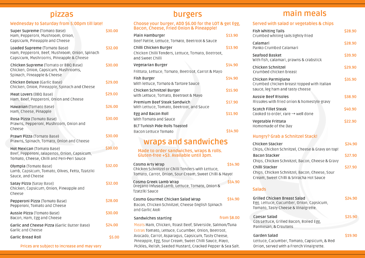 Menu, Cosmo Cafe