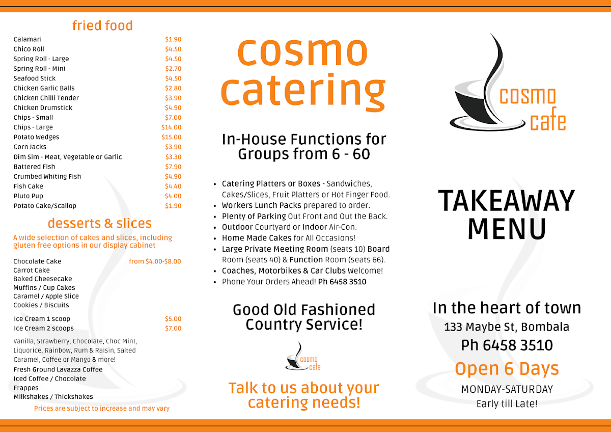 Menu, Cosmo Cafe