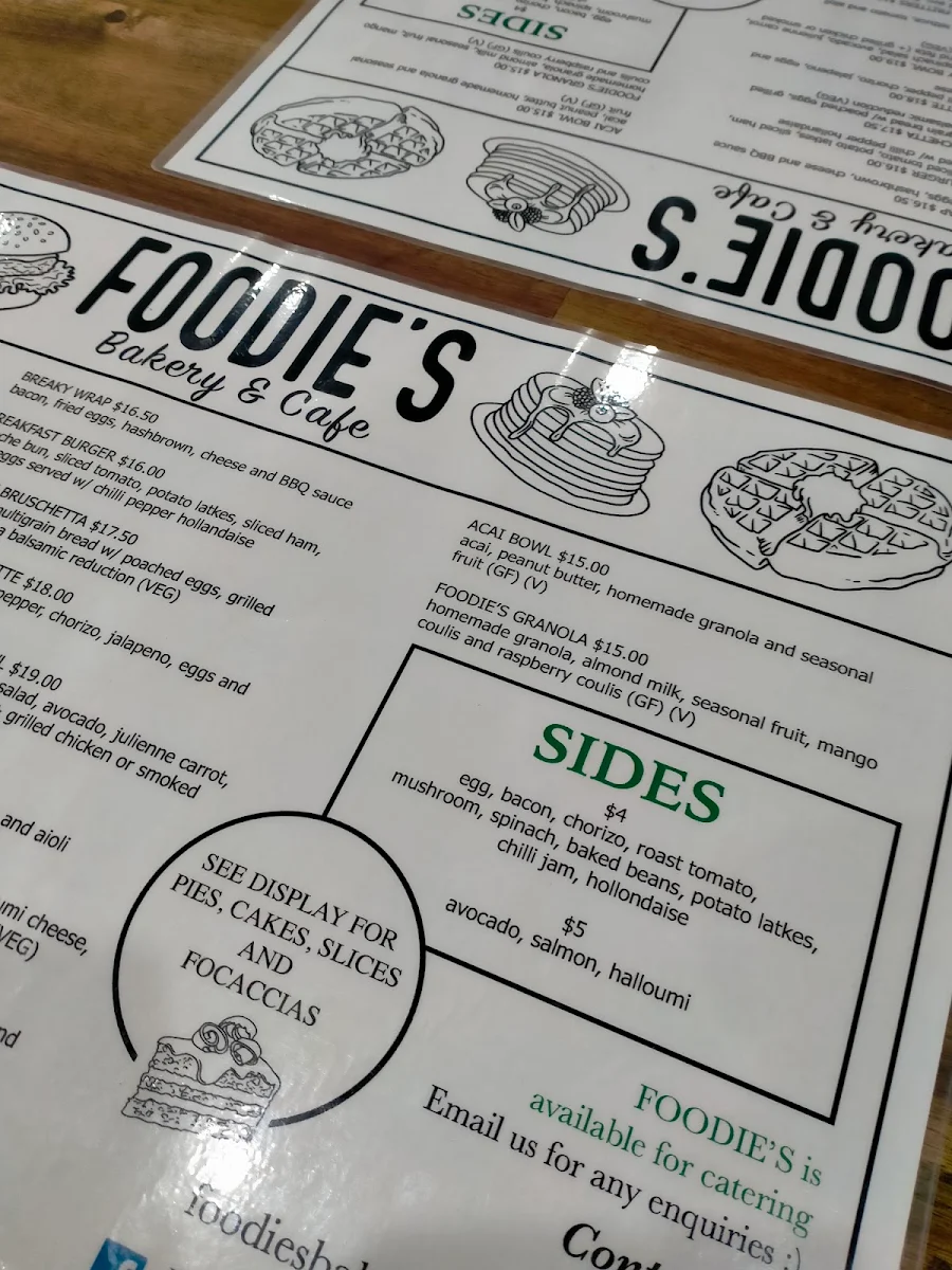 Menu, Foodie's Bakery and Cafe restaurant