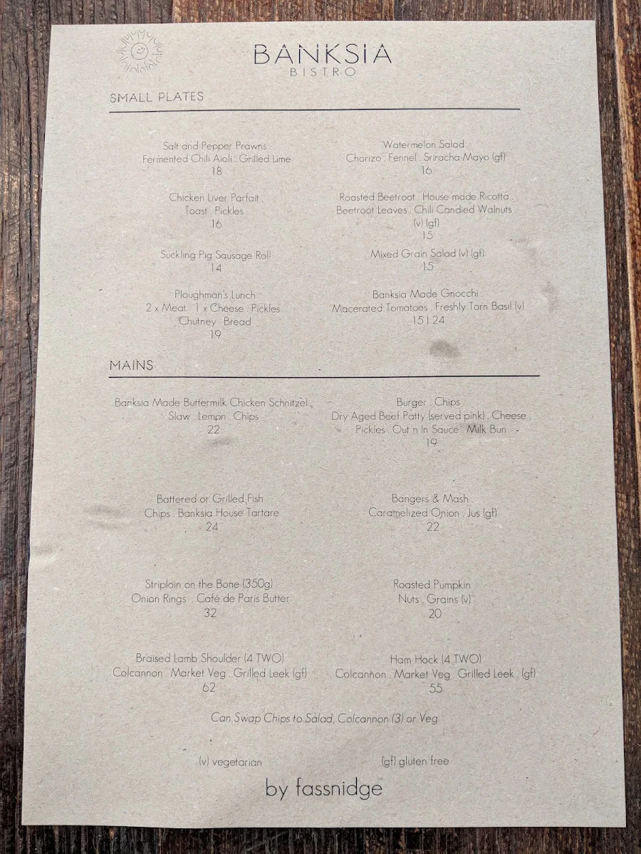 Menu, Banksia Hotel