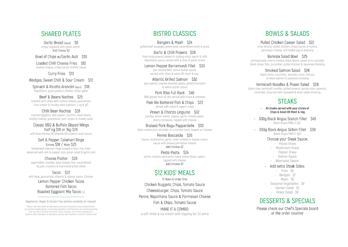 Menu, Banksia Hotel