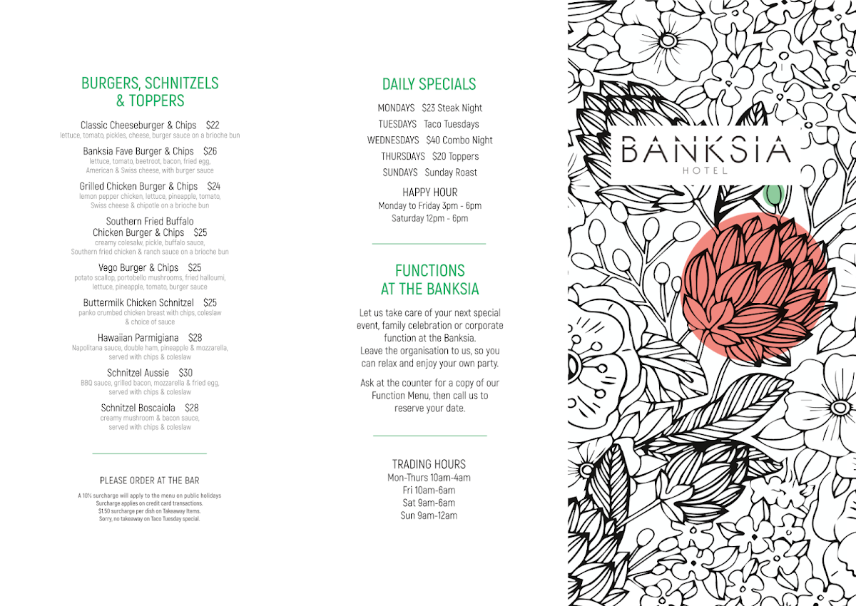 Menu, Banksia Hotel