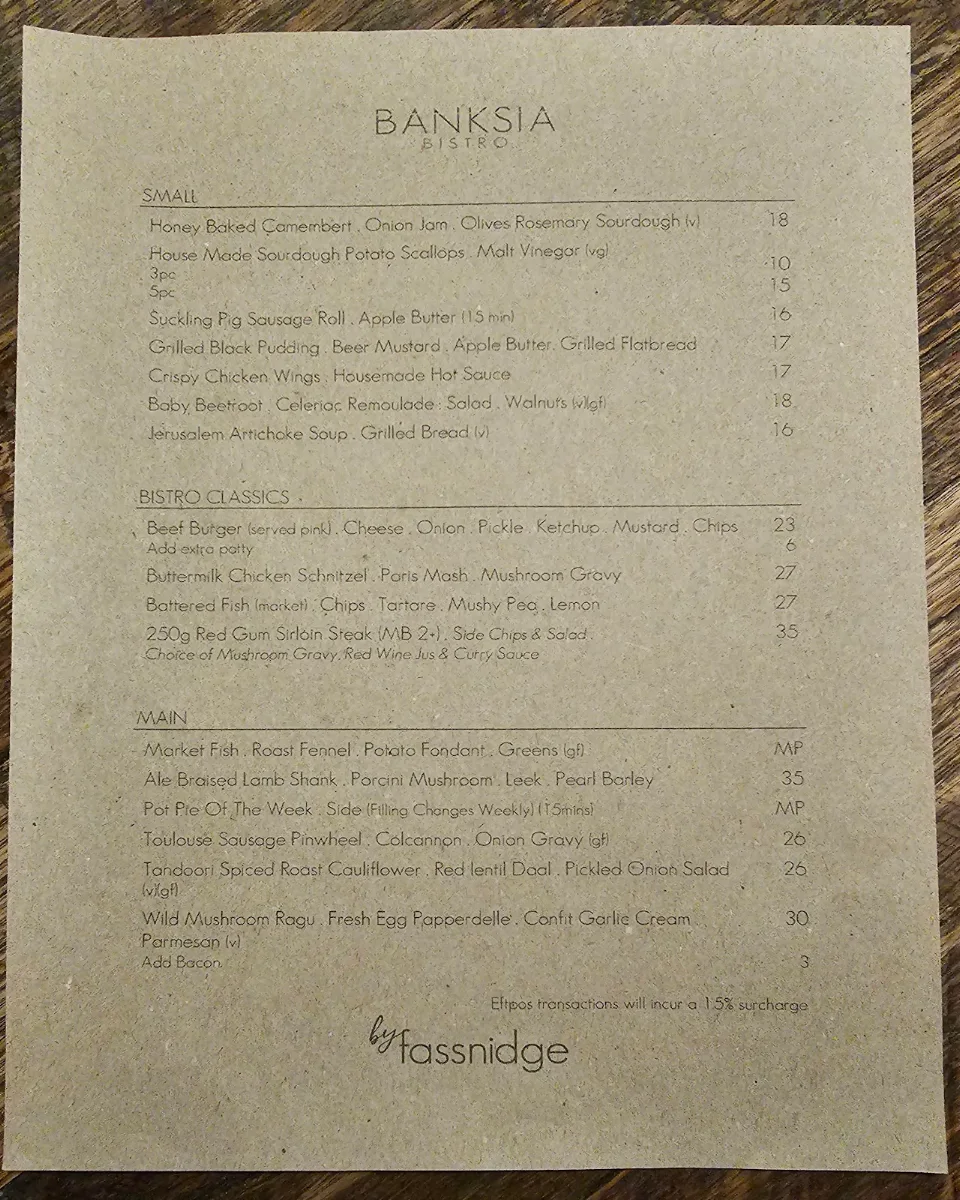 Menu, Banksia Hotel