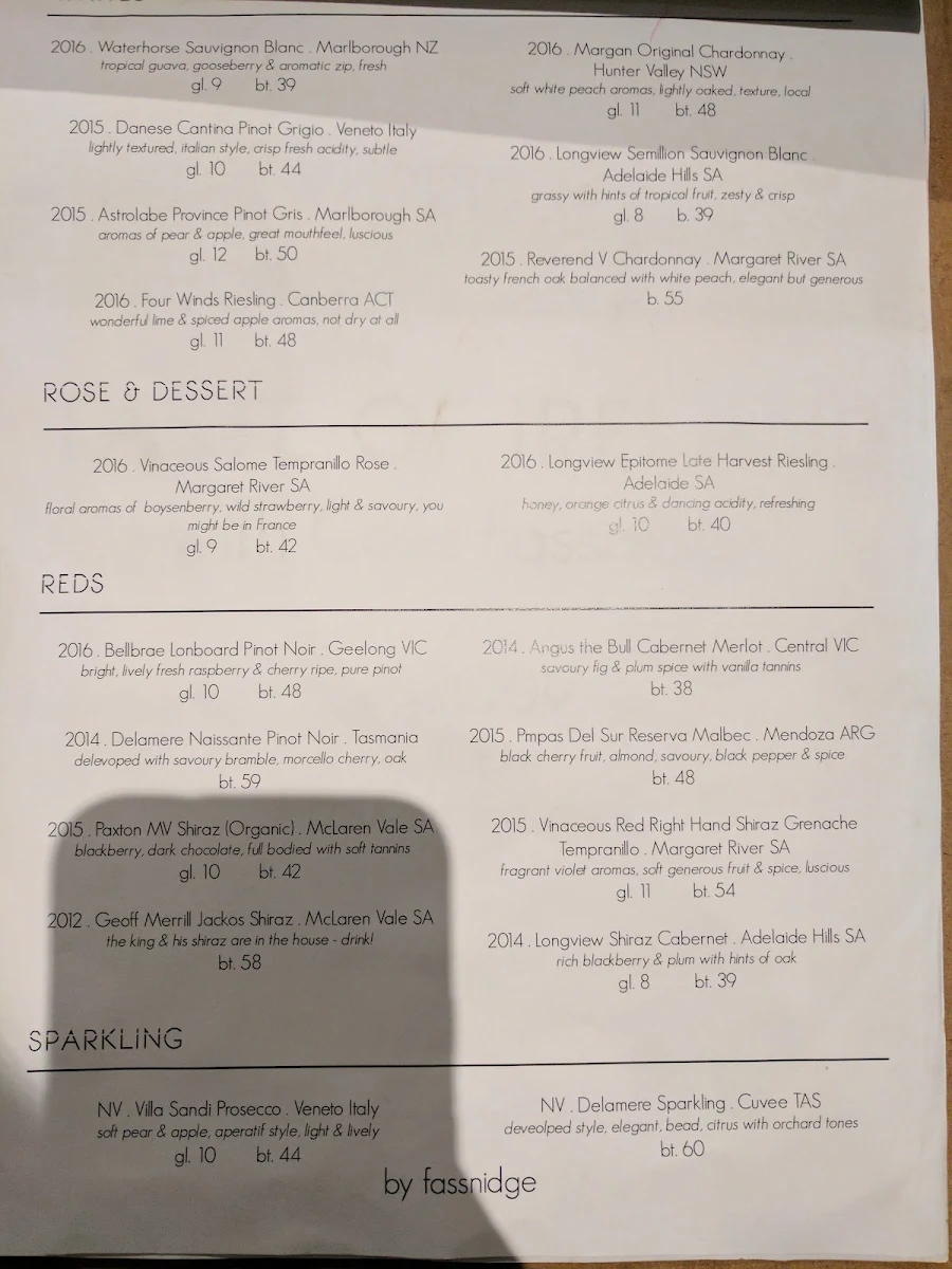 Menu, Banksia Hotel