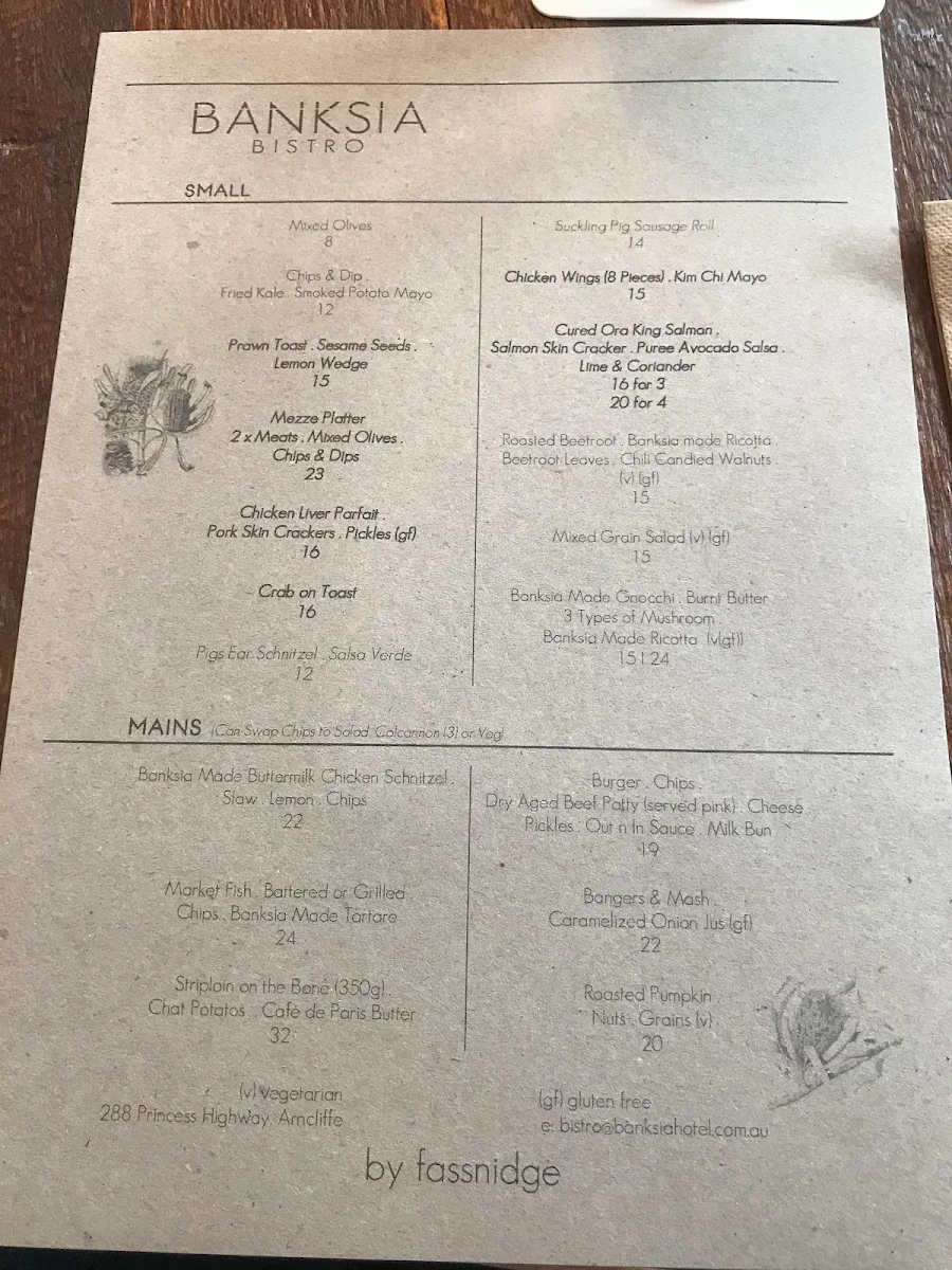 Menu, Banksia Hotel