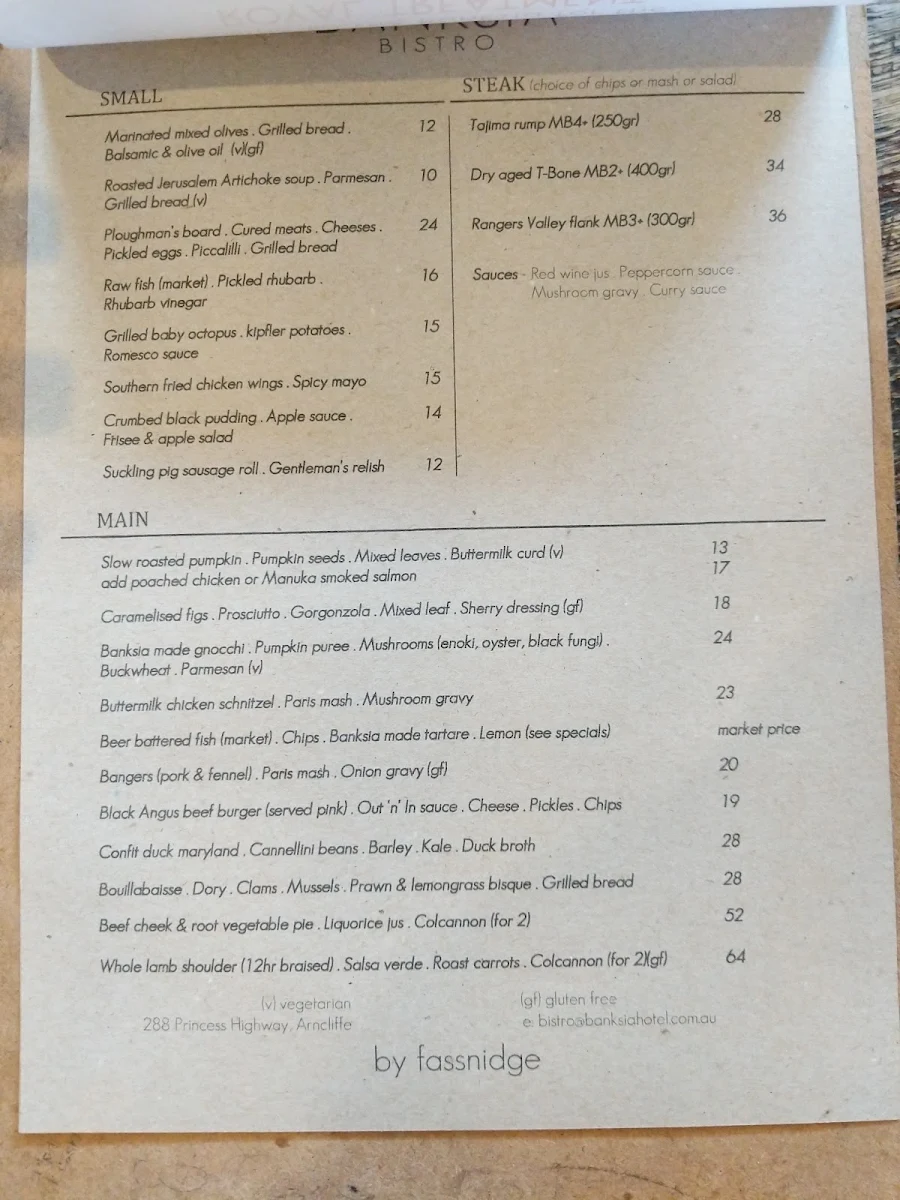 Menu, Banksia Hotel