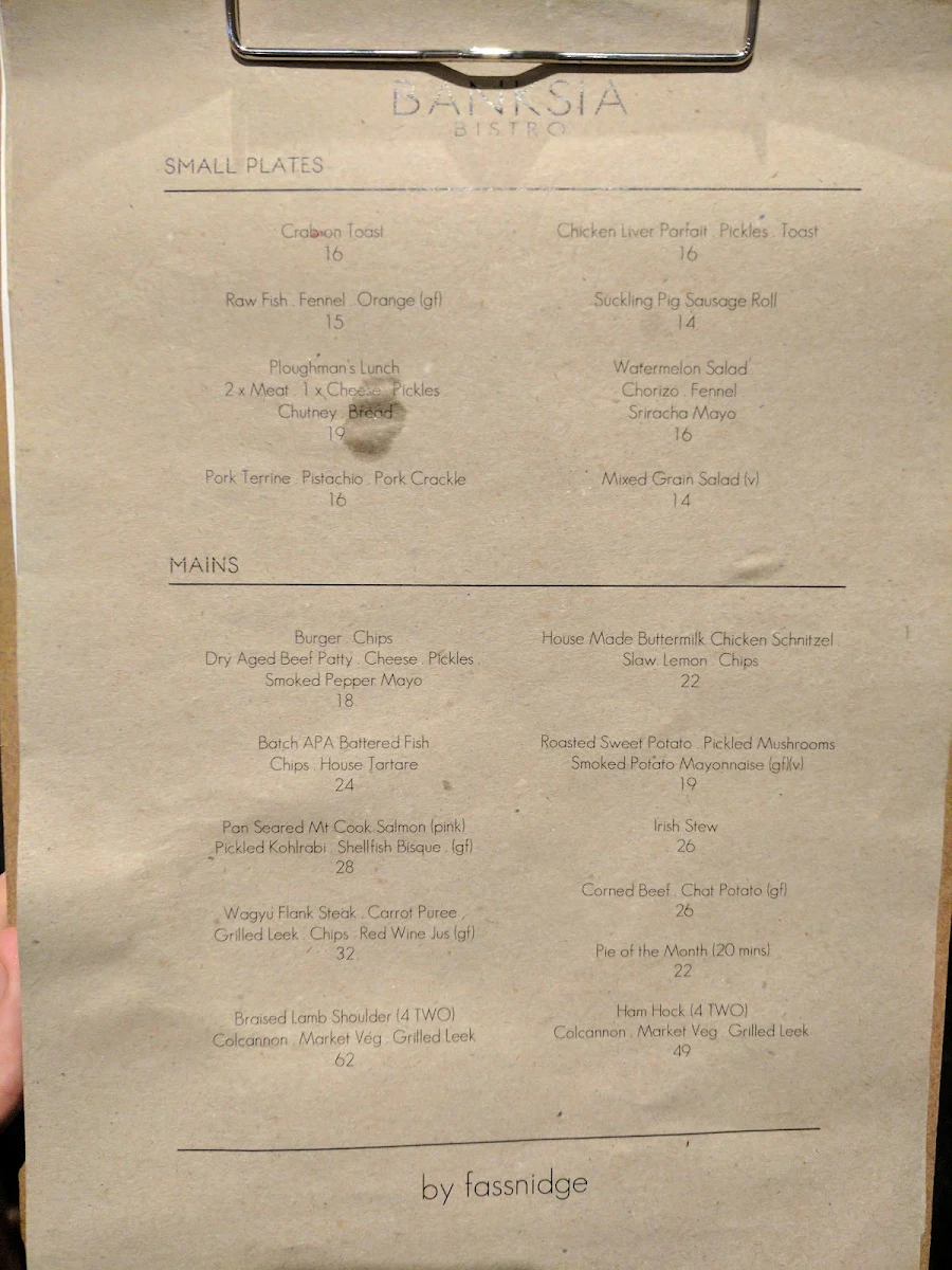 Menu, Banksia Hotel