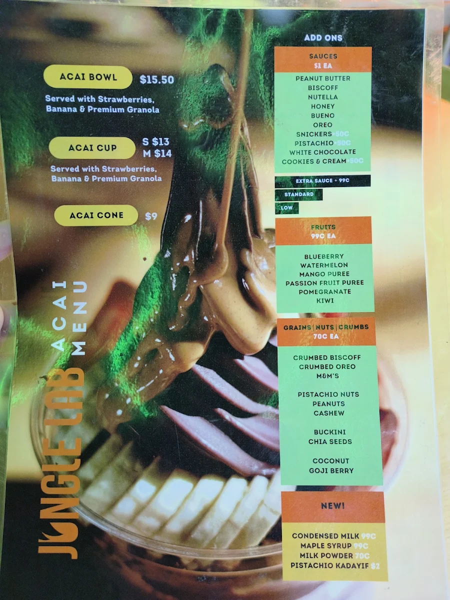 Menu, Jungle Lab Craigieburn