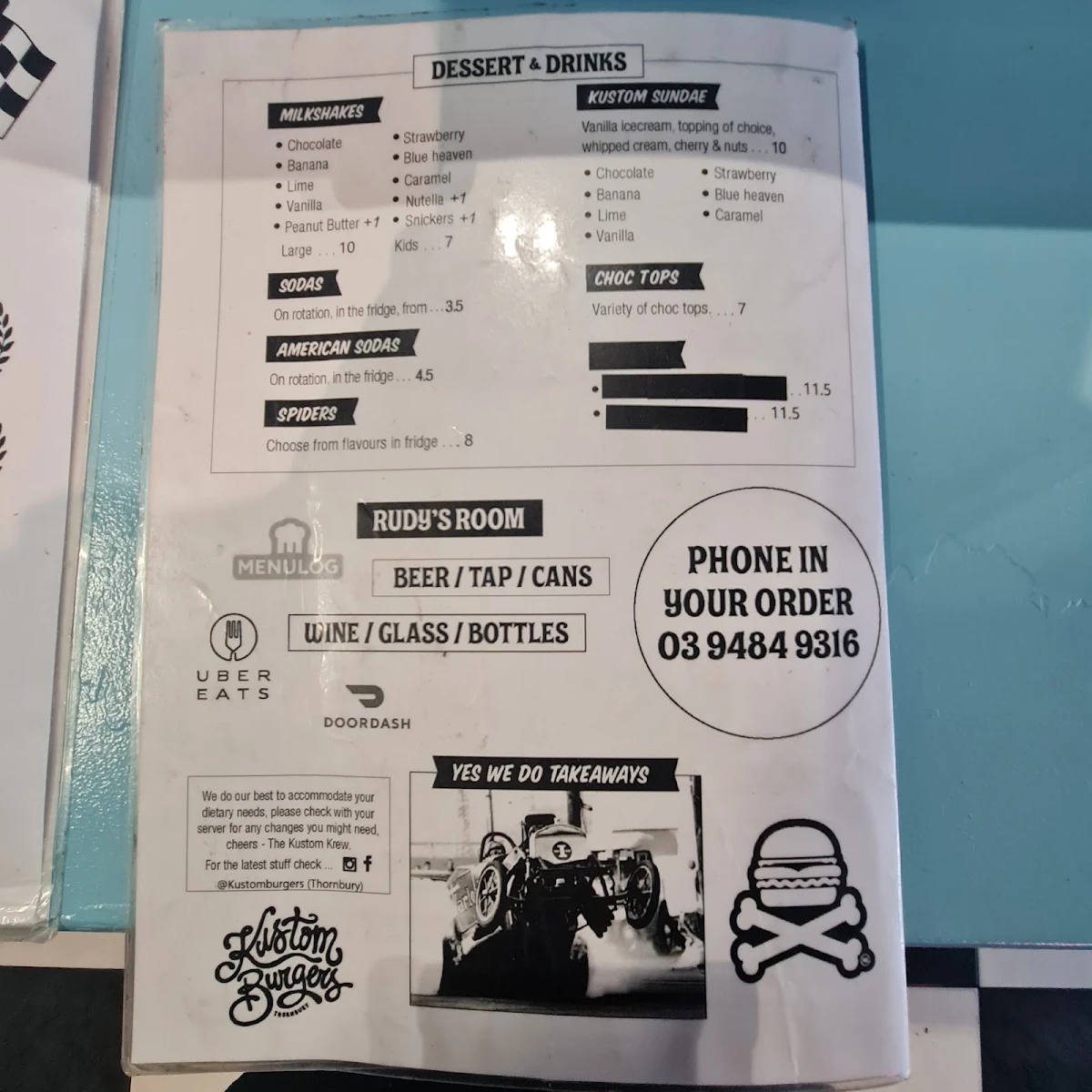 Menu, Kustom Burgers Thornbury
